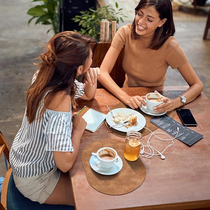 ADRIMER Placemats, Heat Resistant Oval Placemats Set of 6 Washable 12 x 17 Inch, Waterproof Table Mats, Wipeable Pu Place Mats for Kitchen, Dining Room, Sandy Light Brown - Image 5