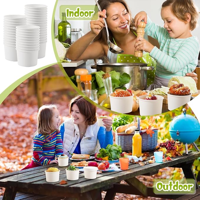 Fulmoon 100 Pack Paper Soup Containers with Lids Disposable Paper Food Containers with Vented Lid Kraft Ice Cream Cake Dessert Cups Soup Bowl for Party Hot Food Fruit Microwave(8 oz,White) - Image 5