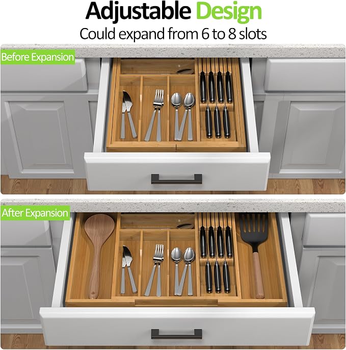 Bamboo Kitchen Drawer Organizer, Expandable Silverware Organizer with Removable Knife Block, 6-8 Slots- Utensil Holder & Cutlery Tray Drawer Dividers, 2.36" Deep for Extra Capacity, Natural - Image 3