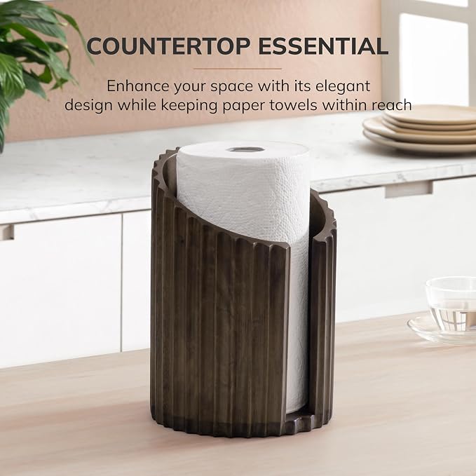 Anji Mountain Wooden Paper Towel Holder with Metal Holder, Holder Stand for Kitchen Roll Organizer & Kitchen Dining Table Home Décor, Countertop Fits Jumbo & Mega Rolls - Chocolate/Black, Fluted - Image 6