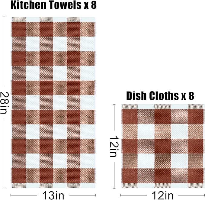 Homaxy Kitchen Towels and Dishcloths Set, Set of 16, White & Rust | Bulk Cotton Waffle Weave Check Plaid Kitchen Towels, Super Soft and Absorbent Dish Cloths, 12 x 12 and 13 x 28 Inches - Image 4