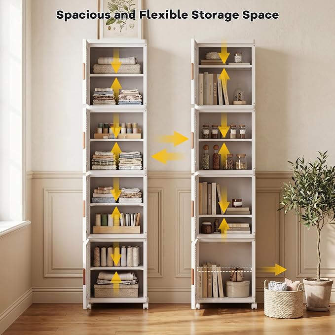 4-Tier Tall Narrow Plastic Storage Cabinet, Foldable | Rolling Organizer with Lid,4 Doors,2 Adjustable Shelves,Stackable,Durable PP,Freestanding Bathroom Cabinet for Slim Space - Image 5