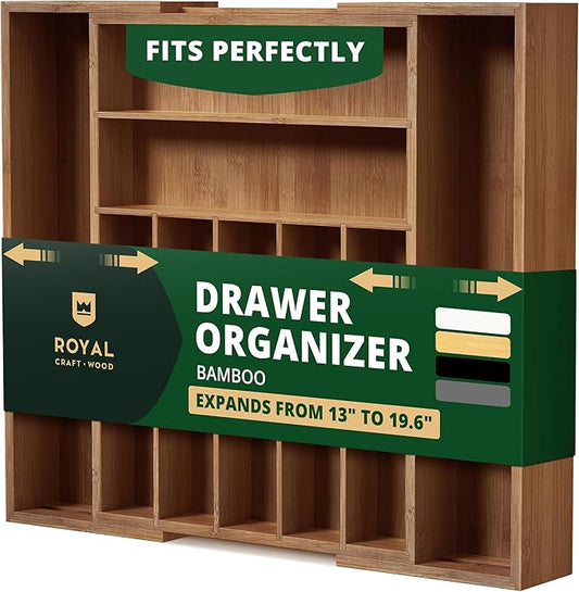 ROYAL CRAFT WOOD Luxury Bamboo Kitchen Drawer Organizer - Silverware Organizer - Utensil Holder and Cutlery Tray with Grooved Drawer Dividers for Flatware and Kitchen Utensils (9 Slot, Brown Bamboo) by ROYALCRAFTWOOD