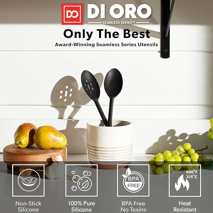 DI ORO Seamless Series 7-Piece Silicone Utensil Kitchen Set - 600°F Heat-Resistant Rubber Cooking and Baking Tools - Food Grade, BPA Free, and LFGB Certified Silicone - 5 Spatulas and 2 Spoons (Black) - Image 2