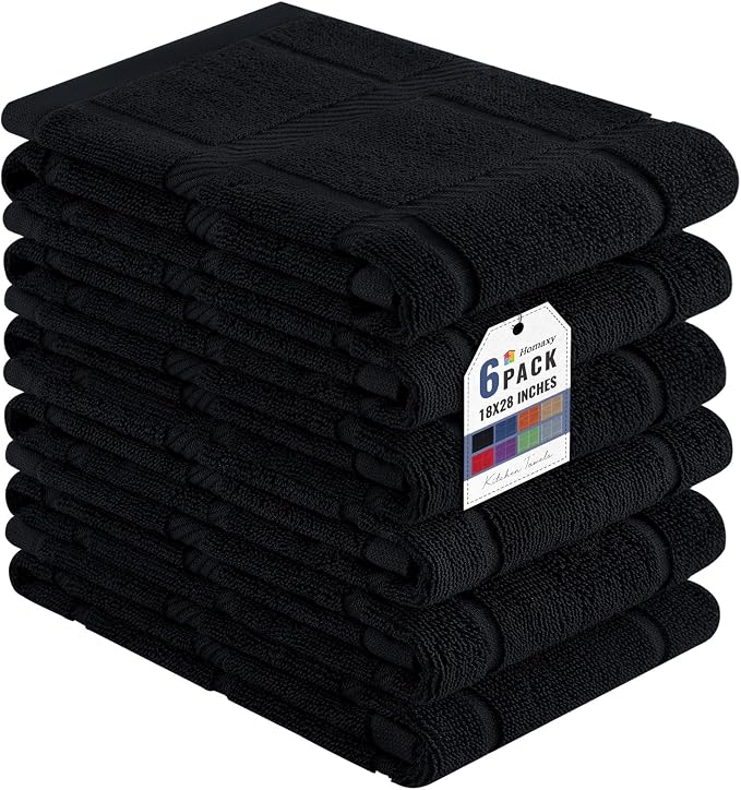 Homaxy 100% Cotton Kitchen Towels 18"x28", 6 Pack Dish Towels, Black | Large 380 GSM Soft and Absorbent Kitchen Hand Towels with Terry Grid Design, Utility Tea Towel Set with Hanging Loop by Homaxy