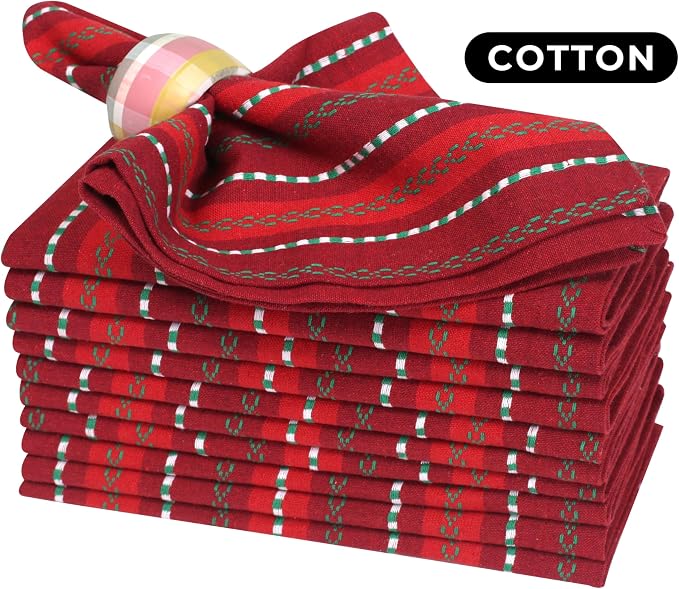 Bedding Craft Cotton Cloth Napkins Set of 12-18x18 Inch Machine Washable Dinner Napkins, Set of 12 Red Green Multi Salsa Stripe Napkins, Wedding Napkins, Cotton Cloth Napkins for Everyday Use - Image 5