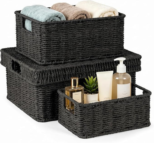 Wicker Storage Basket with Lid for Shelves, 3-Basket Set, Black | One rectangular wicker basket with lid and two open baskets for decorative shelf storage; removable lid flips into a tray. by GANLUX