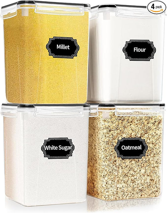 HKJ Chef 4 Pack Large Airtight Food Storage Containers with Lids (5.2L / 176oz), BPA Free Plastic Kitchen and Pantry Organization Contianers for Cereal Flour and Sugar Storage, Labels & Marker by HKJ+Chef