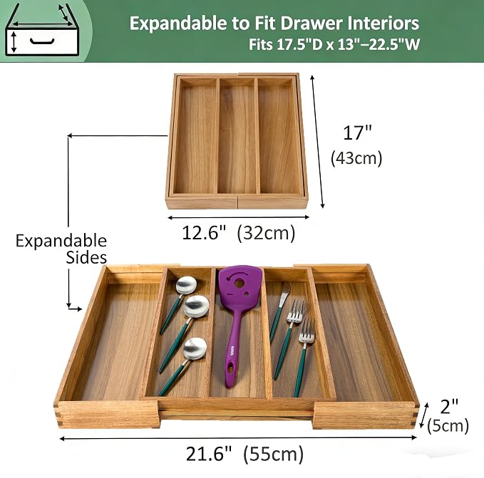 Utoplike Acacia Kitchen Drawer Organizer Expandable, Utensils Cutlery Tray | Large Silverware Divider for Knives, Flatware, Knives in Kitchen, Bedroom, Living Room, Adjustable 3-5 Slots - Image 3