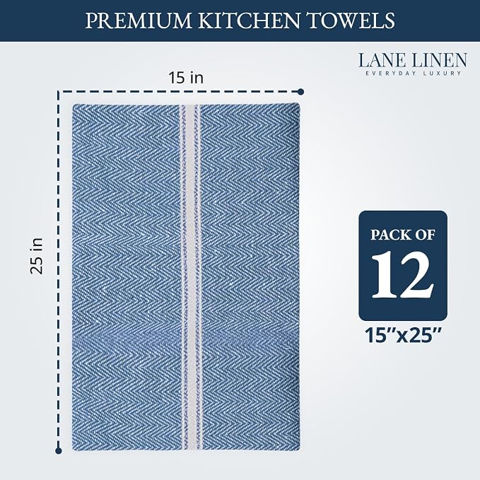 LANE LINEN Kitchen Towels Set - 100% Pure Cotton Dish Towels for Kitchen, Super Absorbent Kitchen Hand Towel, Tea Towels, Soft & Durable Dish Cloths, Pack of 12 – 14”x25”, Indigo - Image 2