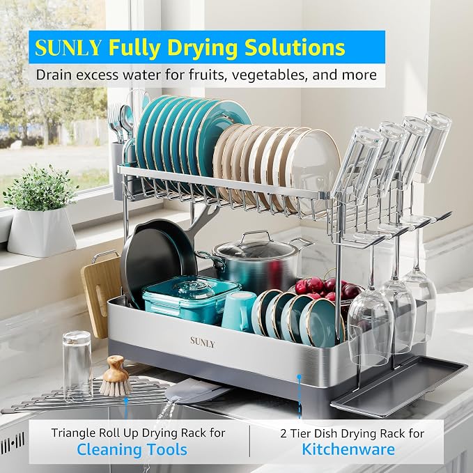 Large Dish Drying Rack, Multipurpose 2 Tier Dish Racks for Kitchen Counter, 304 Stainless, Extra Large Drain Board, Gray - Image 2