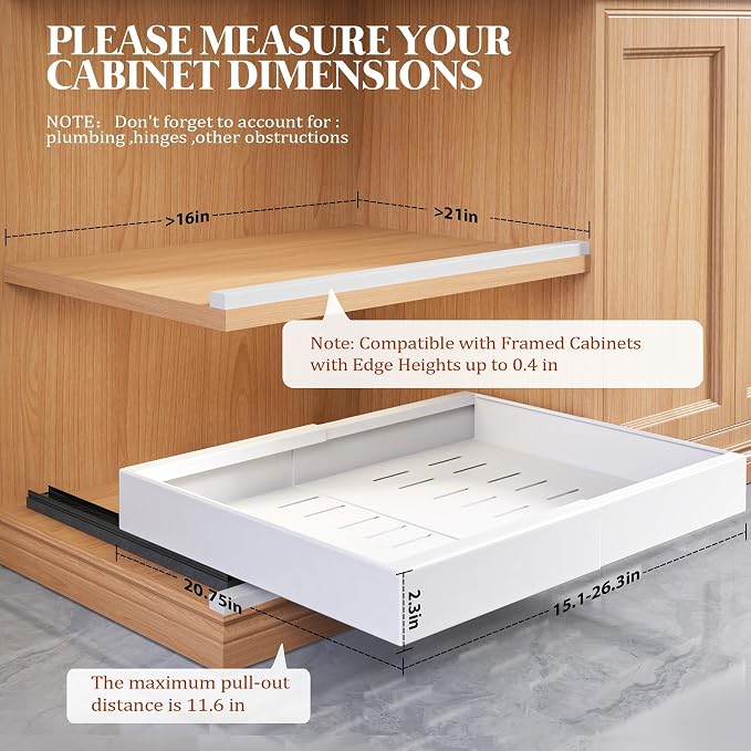Seinloes 4 Pack Expandable Pull Out Cabinet Organizer 21"Deep With Raising Pad for Framed Cabinets,Upgrade 3 Slide Rails Slide Out Drawers,No Drill Roll Out Shelves,Adjustable Width 15.1"-26.3" White - Image 3