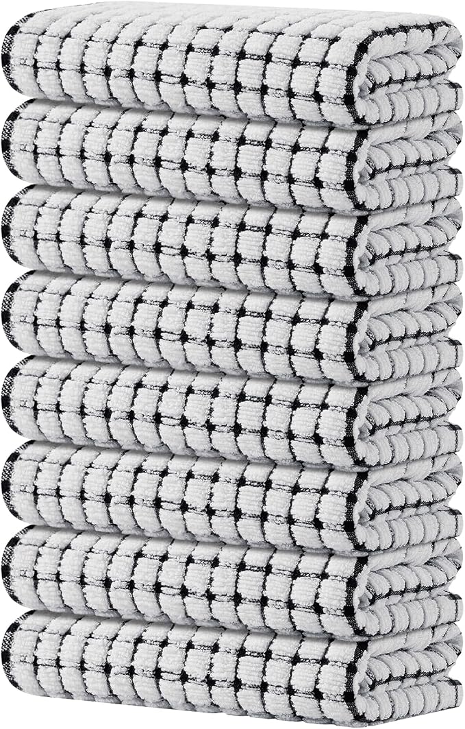 Kitinjoy Cotton 8 Pack Terry Kitchen Towels, Black | 16 x 25 Inches Super Soft and Absorbent Dish Towels, Quick Drying hand towels for kitchen Drying by Kitinjoy