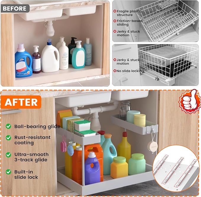 Expandable Under Sink Organizers and Storage,Width Adjustable (14.9-23.6IN),No Drill 2-Tier Pull Out Under Cabinet Organizer for Kitchen Bathroom Laundry White - Image 8