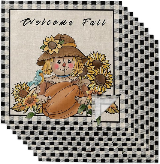 Autumn Pumpkin Scarecrow Cloth Napkins Set of 8 - Washable Dinner Napkins Reusable Table Napkins for Home Party Weeding Dining Table Setting Decoration,Farmhouse Fall Sunflower Black Plaid Oversized by Unknown
