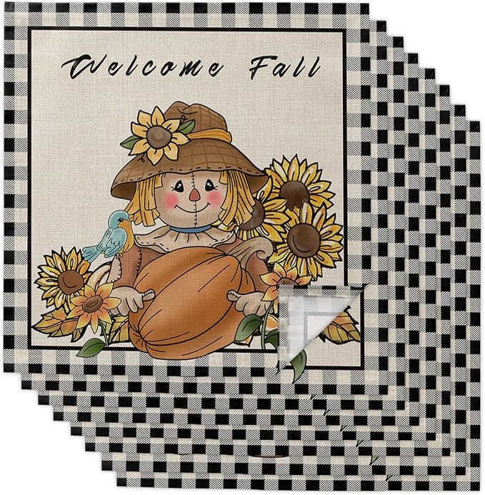 Sunflower Scarecrow Cloth Napkins Set of 8, Fall Pumpkins Black Plaid Dinner Napkins Cloth Washable, Cocktail Napkins Reusable for Wedding, Party, Birthday (20"x20") by Unknown