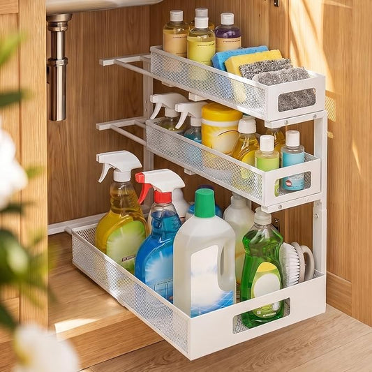 3 Tier Under Sink Organizer,1 Pack Pull Out Cabinet Shelves with Adjustable Height,Heavy Duty Carbon Steel L-Shaped Storage for Kitchen Bathroom Sink,Pantry & Laundry,White by Unknown