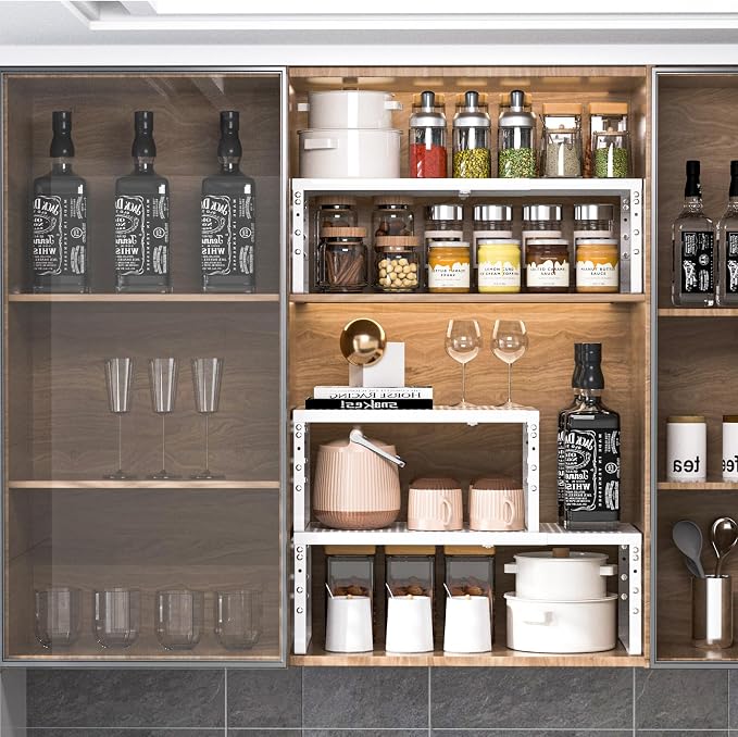 Cabinet Shelf,Expandable Adjustable Stackable Kitchen Organizer,for cabinets, Kitchens, countertops, bathrooms Shelf Organizer(3Packs/White,Medium) - Image 7