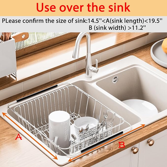 NiuYichee Stainless Steel Dish Drying Rack(15"L X 11"W X 4.1"H), Expandable Fruit & Vegetable Drain Rack over Sink, Dish Drainer Rack in Sink, with Stainless Steel Utensil Holder & Silicone Mat(16") - Image 8