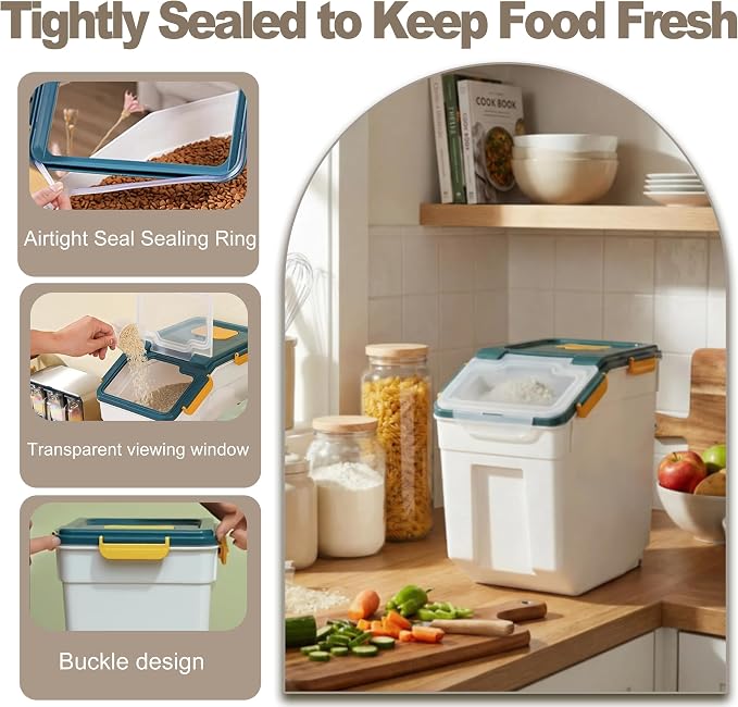 RUIAN 2Pcs Large Flour Storage Container Bin 50Lb Airtight Rice Storage Containers with Wheels Seal Locking Lid, BPA Free with Measuring Cup&Scoop for Flour, Rice, Grain 100LBS Total (Blue) - Image 3