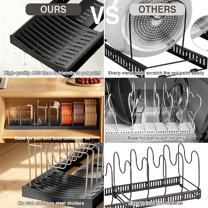 Magheo Pots and Pans Organizer Under Cabinet, Expandable 12.6"-22.8" Kitchen Cabinet Organizer Holder with 10 Adjustable Dividers for Food Storage Container Lid, Cookie Sheet, Cookware(1 Pack, Black) - Image 7