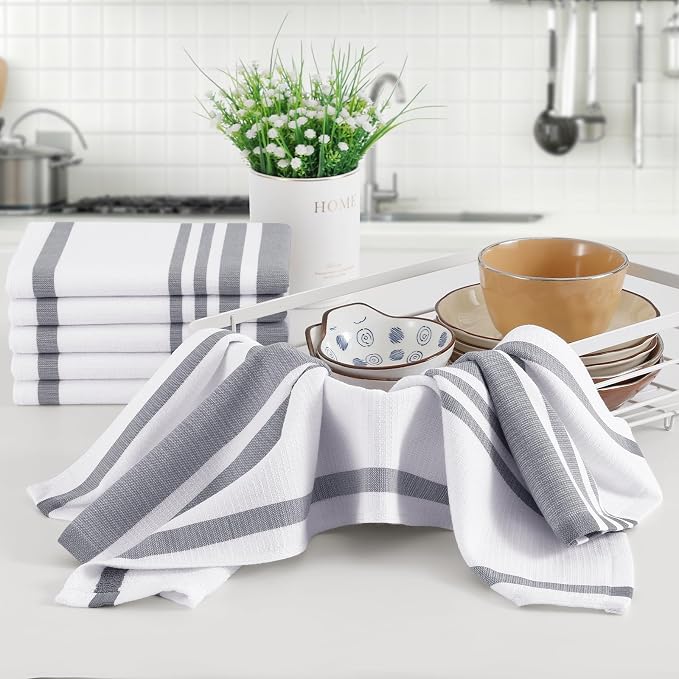 Homaxy Premium Cotton Stripe Kitchen Towels 12 Pack, 18"x 28", Grey | Large 380 GSM Kitchen Hand Towels, Soft Terry Dish Towels, Highly Absorbent Tea Towel Set with Hanging Loop - Image 5