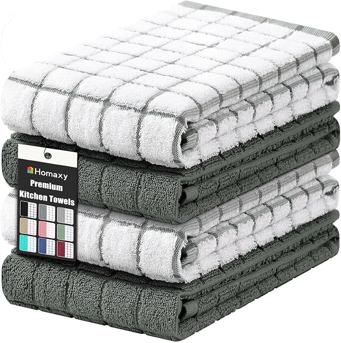 Homaxy Large Premium Cotton Kitchen Towels 16"x 28", 4 Pack, Dark Green | Natural Ring Spun 390 GSM Dish Towels, Super Absorbent Terry Kitchen Hand Towels, Soft Tea Towels with Hanging Loop by Homaxy
