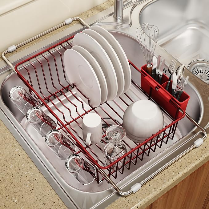 Red Dish Drying Rack Over The Sink with Utensil Holder | Expandable Stainless Steel Dish Drainer for Small Kitchen, Apartment, RV, Counter Space Saving, Perfect Fit, Rustproof by MAJALiS