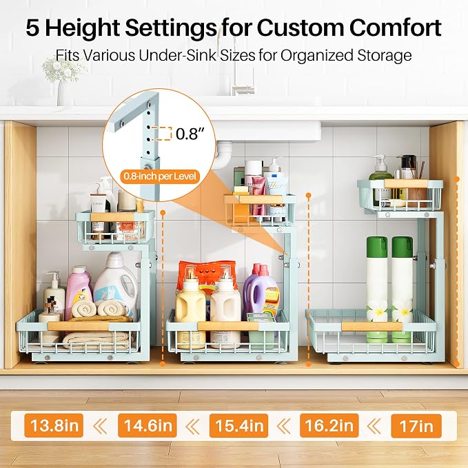 PXRACK Under Sink Organizer, Adjustable Height, 2 Tier Pull Out Under Cabinet Organizer, Slide Out Thickened Metal Under Sink Storage for Kitchen Bathroom Laundry Pantry Cabinet, Blue, Large-2-Pack - Image 5