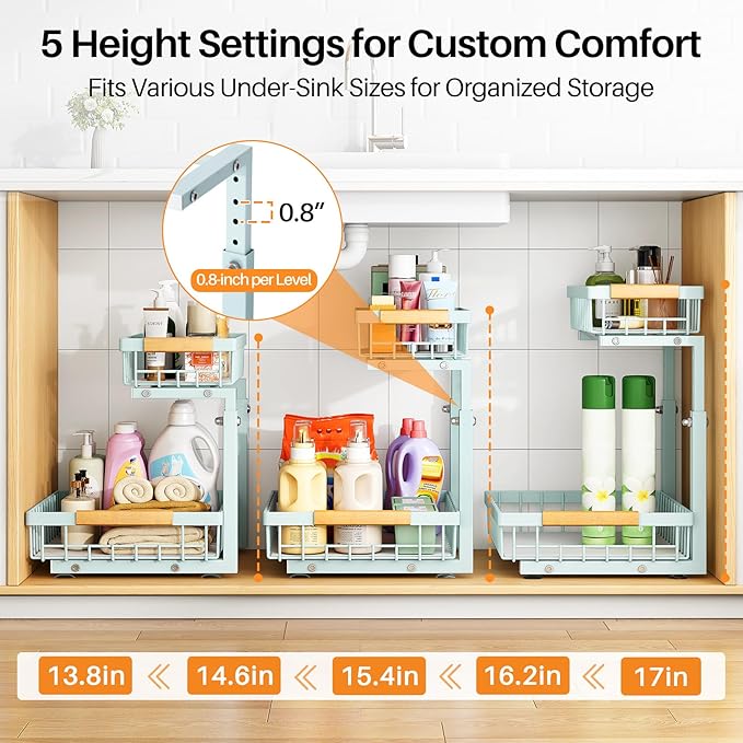 PXRACK Under Sink Organizer, Adjustable Height, 2 Tier Pull Out Under Cabinet Organizer, Slide Out Thickened Metal Under Sink Storage for Kitchen Bathroom Laundry Pantry Cabinet, Blue, Large-1-Pack - Image 5