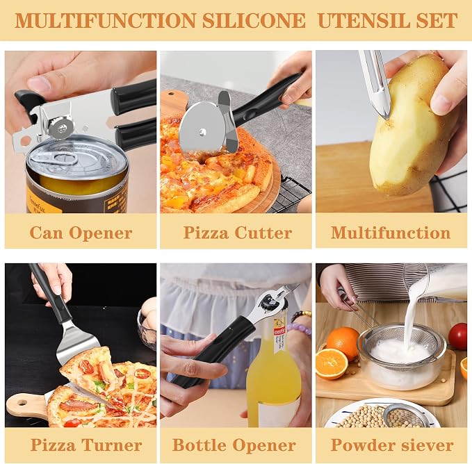 Silicone Cooking Kitchen Utensil Set, Umite Chef 43 PCS Heat Resistant Kitchen Utensils Gadget Set-Stainless Steel Handle- Kitchen Spatula Tools for Nonstick Cookware, Kitchen Accessories(Black) - Image 4