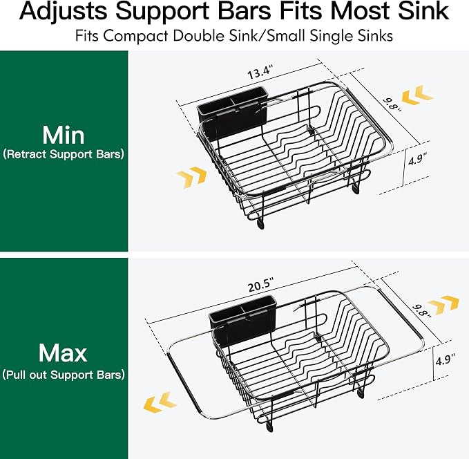 JASIWAY Black Dish Drying Rack in Sink with Utensil Holder, RV, Apartment | Over Sink Expandable Stainless Steel Dish Drainers for Compact Kitchen, Space Saving, Fast Drain, Rustproof, For 1-2 people - Image 4