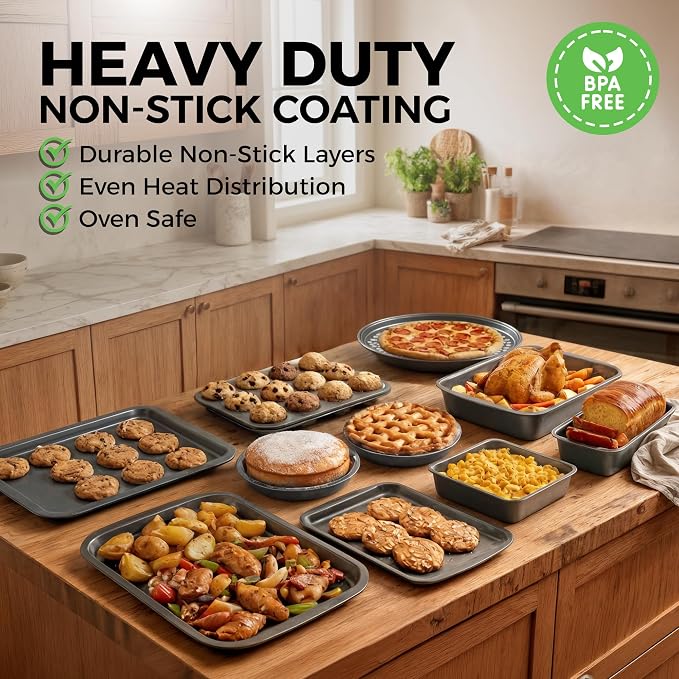Non-Stick 10-Piece Bakeware Set – Carbon Steel with Even Heat Distribution, Oven Safe to 446°F, BPA-Free, Dishwasher Safe, Stackable Baking Tools for Easy Storage and Everyday Cooking - Gray - Image 3
