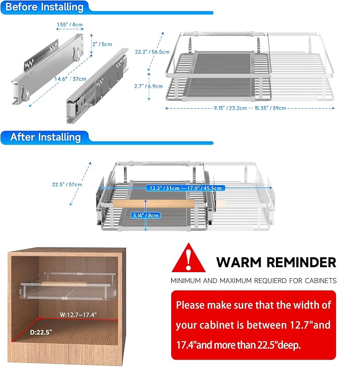 2Pack Pull Out Cabinet Organizer, 12.2~17.9"W x 22.5"D, Stainless Steel | Expandable Pull Out Shelves for Kitchen Cabinets, Heavy Duty Metal Slide Out Pantry Shelves Sliding Shelf for Kitchen - Image 2