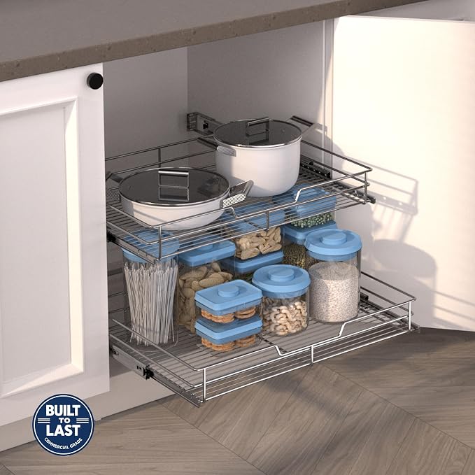 2-Tier Pull Out Cabinet Organizer, 23" W x 22" D, Chrome | Heavy-Gauge Wire Slide Out Shelves, 100 lbs Capacity, Ball-Bearing Glides, Min 24" Opening, For Heavy Appliances - Image 2