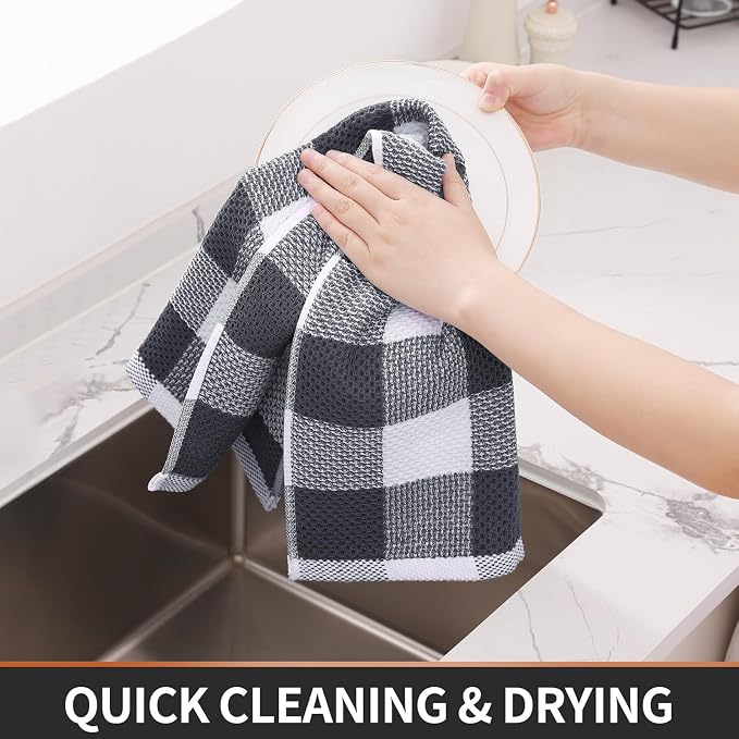 Homaxy Kitchen Towels and Dishcloths Set, Set of 8, White & Dark Grey | Bulk Cotton Waffle Weave Check Plaid Kitchen Towels, Super Soft and Absorbent Dish Cloths, 12 x 12 and 13 x 28 Inches - Image 5