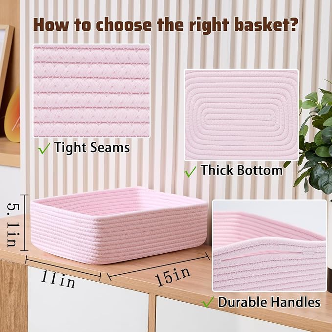 MiniArk Large Shallow Organizing Baskets 15x11x5.1 Inches - Rope Woven Storage Bins for Bathroom, Shelves, Cube Closet, Light Pink 2 Packs - Image 2