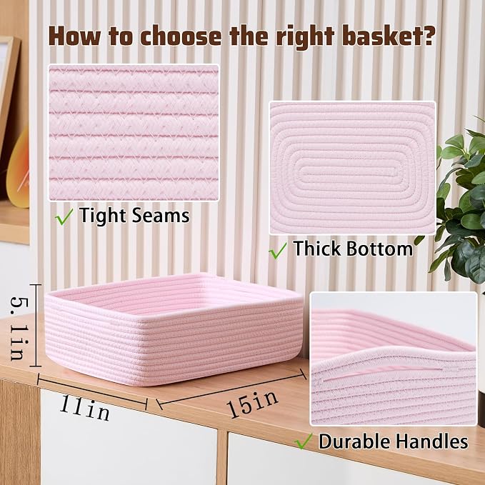 MiniArk Large Shallow Organizing Baskets 15x11x5.1 Inches - Rope Woven Storage Bins for Bathroom, Shelves, Cube Closet, Light Pink 3 Packs - Image 2