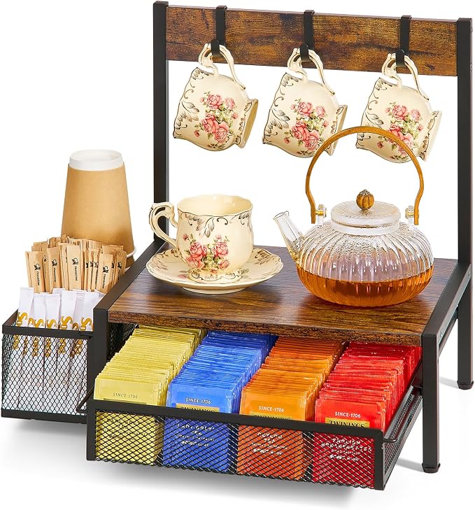DGWJSU Tea Bag Organizer, Wood Tea Organizer and Storage Cheast, Tea Bag Holder with Storage Drawer, 4 Hooks for Tea Cups Holder, Tea Station Chest Display Container Box for Countertop Kitchen by DGWJSU