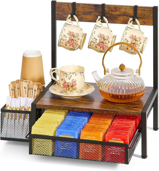 DGWJSU Tea Bag Organizer, Wood Tea Organizer and Storage Cheast, Tea Bag Holder with Storage Drawer, 4 Hooks for Tea Cups Holder, Tea Station Chest Display Container Box for Countertop Kitchen by DGWJSU