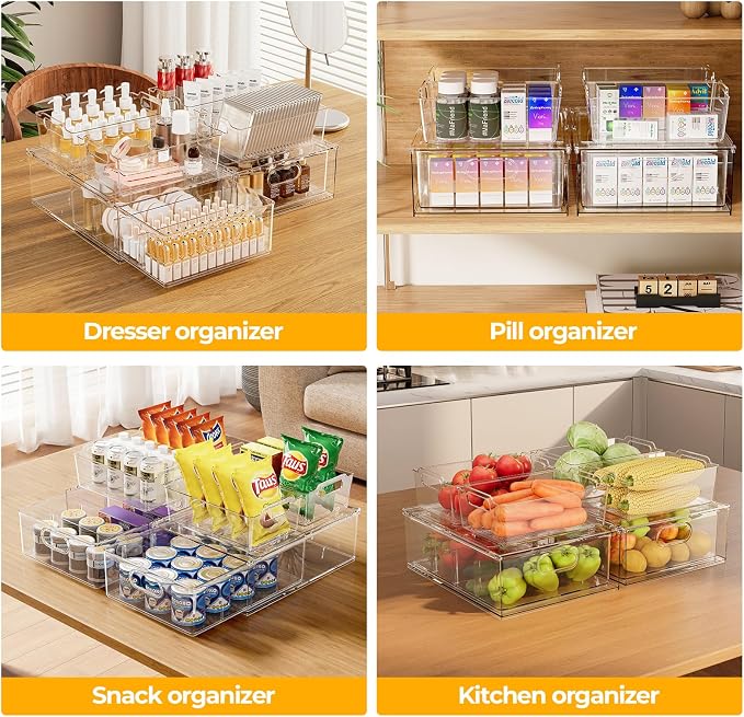 Refrigerator Organizer Bins with Pull-out Drawer 6 Pack Stackable Clear Fridge Drawer Organizer Fruit Vegetable Storage Containers for Kitchen Pantry Organization (2 Large+4 Medium) - Image 6