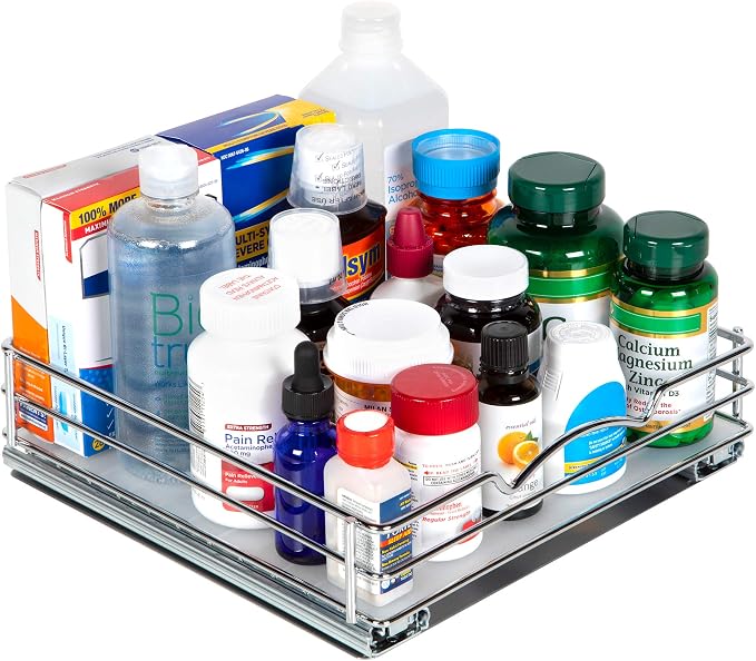 Pull-Out Cabinet Spice Rack Organizer, 10 ⅜"W x 10 ⅜"D x 2 ¾"H | Slim Slide-Out Storage for Spices, Bottles & Jars, Premium Heavy-Duty Steel, Easy Install for Narrow Kitchen Cabinets, Chrome - Image 7
