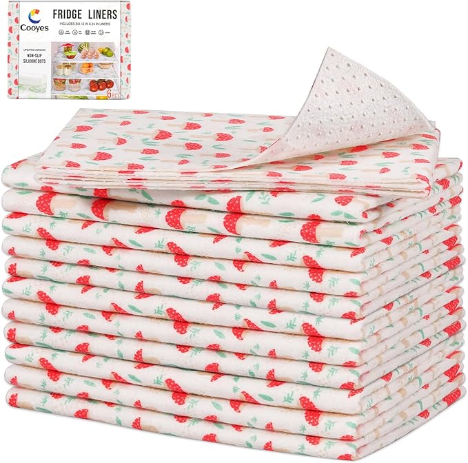 Cooyes 12 Pack Cloth Shelf Liners for Kitchen Cabinets, 17.7" × 24", Non-Slip Refrigerator Liners Machine Washable, Crisper Drawer Mats for Glass Shelves and Freezers, (Red Mushroom) by Cooyes