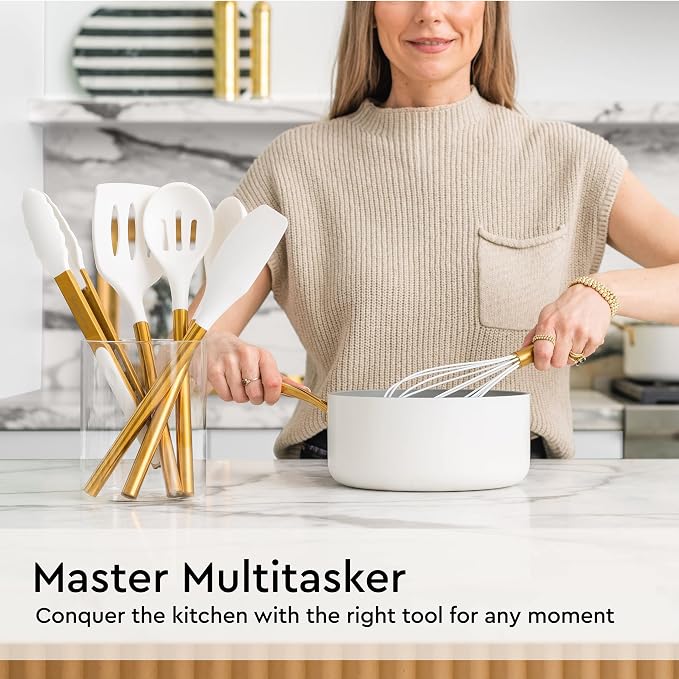 Gold Kitchen Utensils Set – 6 PC White Silicone and Gold Cooking Utensils with Spatula, Whisk, Tongs, Spoons, Cooking Tools for Nonstick Cookware – Luxury Kitchen Accessories for Home Chefs | White Silicone and Gold Cooking Utensils with Spatula, Whisk... - Image 3