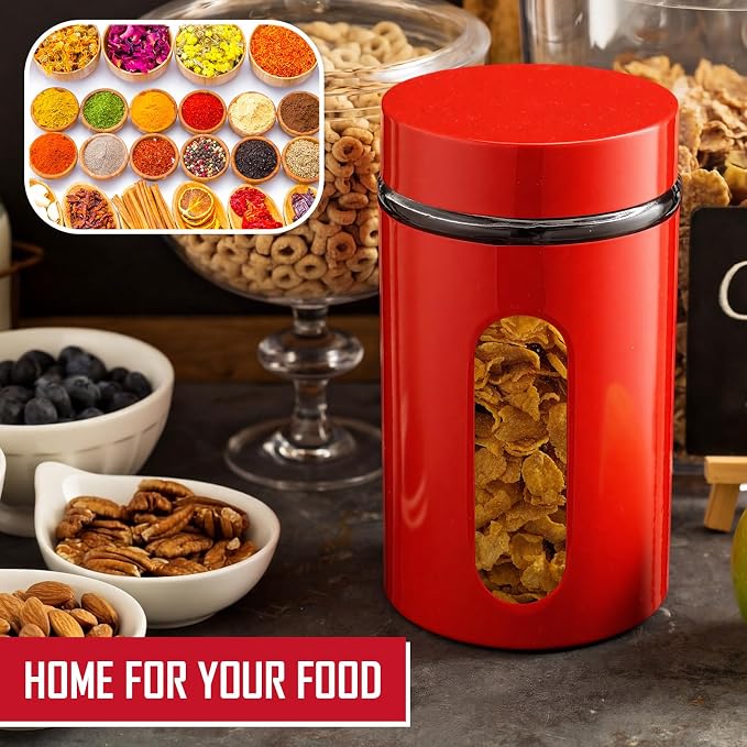 Patelai 6 Pack Kitchen Canisters Set 20 oz Airtight Stainless Steel Canister Food Storage Container with Window Glass, Coffee Sugar Candy Jars Tea Organizer for Flour Cookies Spice (Red,32 oz) - Image 7
