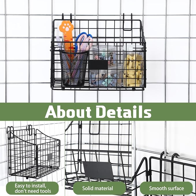 Blulu 4 Pcs Black Grid Wall Baskets, Metal Wire Wall Basket with Hooks Hanging Storage Organization Accessory for Vendor Trade Shows Kitchen Bathroom Pantry Supplies(11 x 8 x 6 Inch) - Image 4