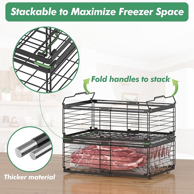 ADRIMER Freezer Organizer Bins, 2 Packs Foldable & Stackable Chest Freezer Organizer Bins with Adjustable Length 11-17.3", Metal Wire Storage Baskets for Upright Freezer, Deep Freezer, Pantry, Black - Image 5