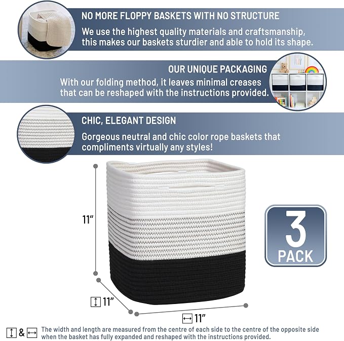 NaturalCozy Storage Cubes 11 Inch Cotton Rope Woven Baskets for Organizing, 3-Pack | Cube Storage Bin | Square Storage Baskets for Shelves Organizer, Classroom, Kids Toy Bins, Closet, Baby Nursery - Image 2