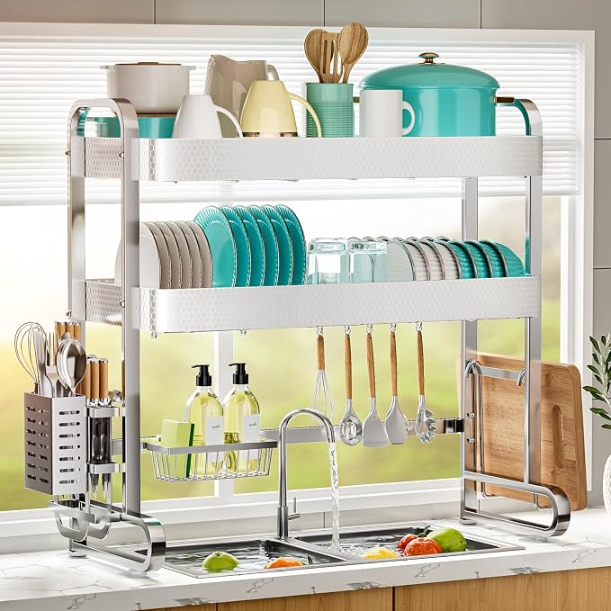 HOWDIA 3-Tier Over The Sink Dish Drying Rack, 304 Stainless Steel | Honeycomb Design, Cutlery Holder & Chopping Board Rack, 33.86” x 11.81” x 33.07” for Maximum Kitchen Storage by HOWDIA