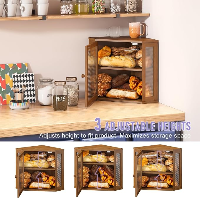 Corner Bread box for Kitchen Countertop,Farmhouse Bread Box with Acrylic Wavy Door Panel,Large Bread box for kitchen countertop,Kitchen Countertop Food Storage Container (Brown, Meduim) - Image 6